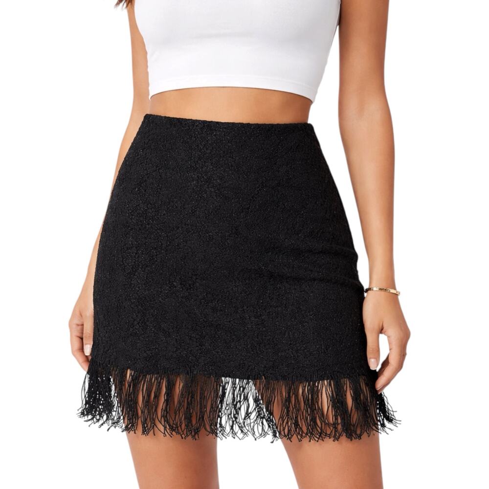 Vintage Ann Ferriday Black Lace Fringe Mini Skirt Bodycon Y2K Stretch Boho Small